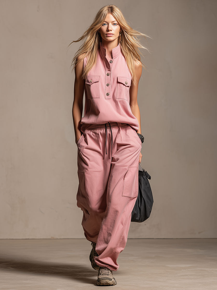 Stand-collar Half-open Neck Sleeveless Top And Trousers Set