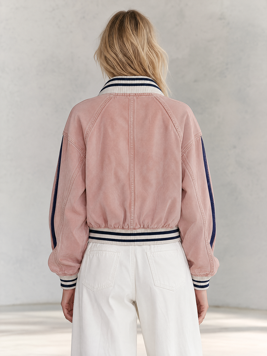 Retro Sporty Pink Washed Striped Rib Trim Oversized Zip Up Denim Bomber Jacket
