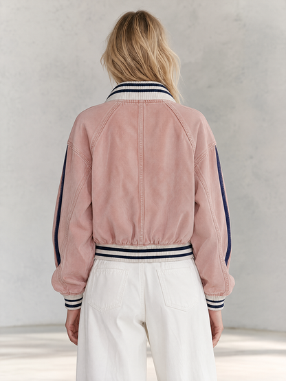 Retro Sporty Pink Washed Striped Rib Trim Oversized Zip Up Denim Bomber Jacket