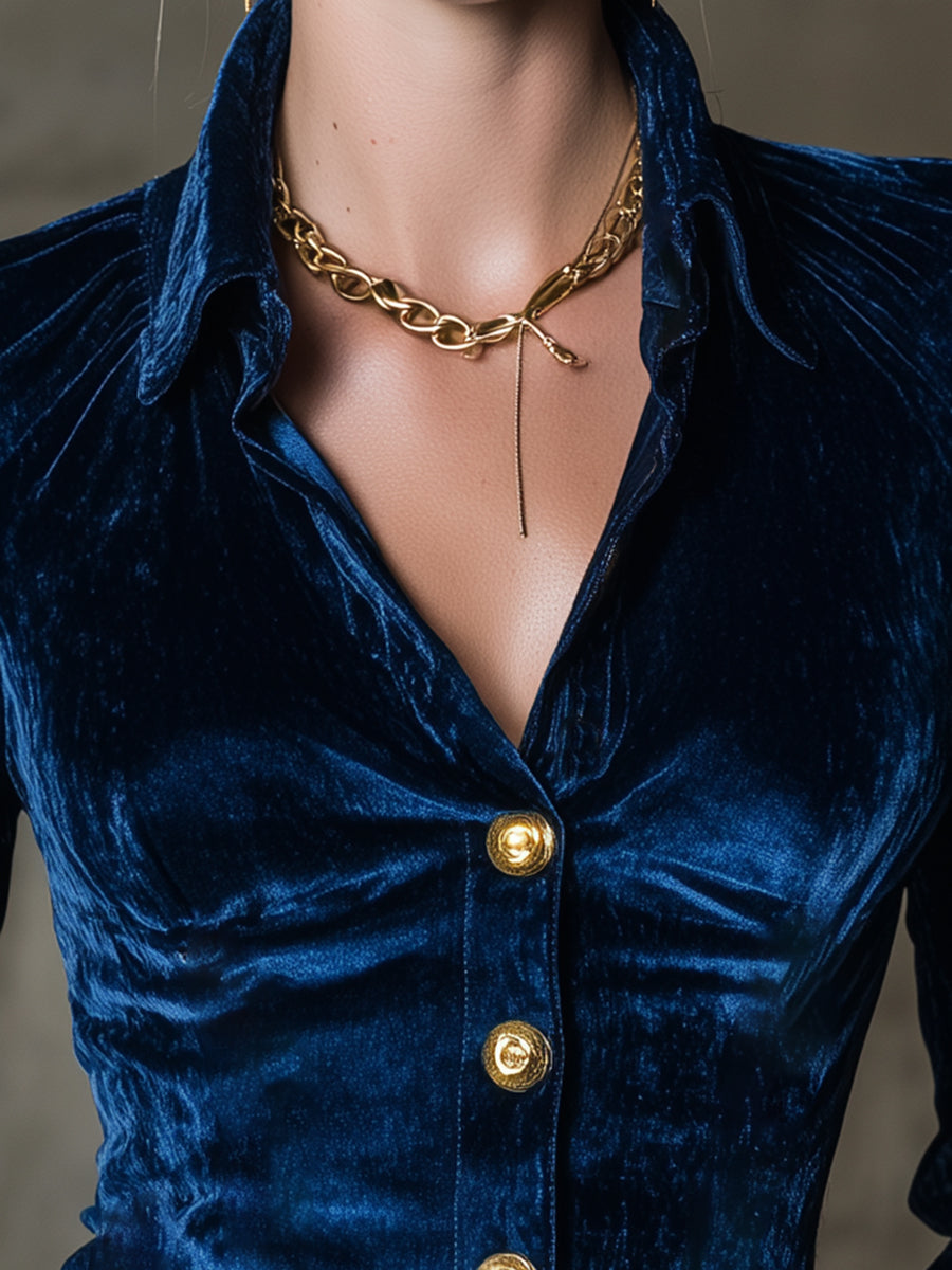 Elegant Blue Velvet Long-sleeved  With Gold Buttons Shirt