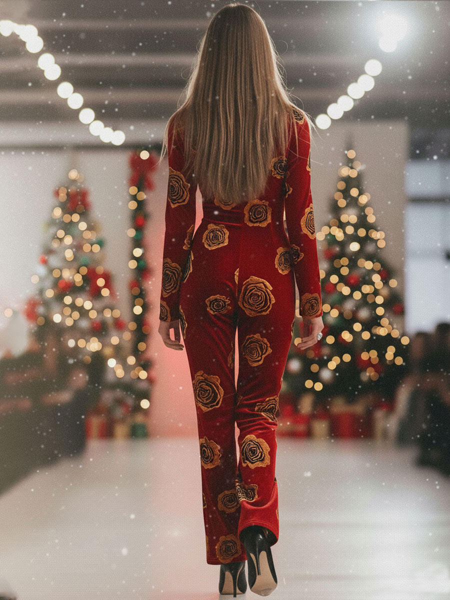 Casual Loose Retro Red Velvet Gold Rose Printed Zipper Long Sleeve Jumpsuit