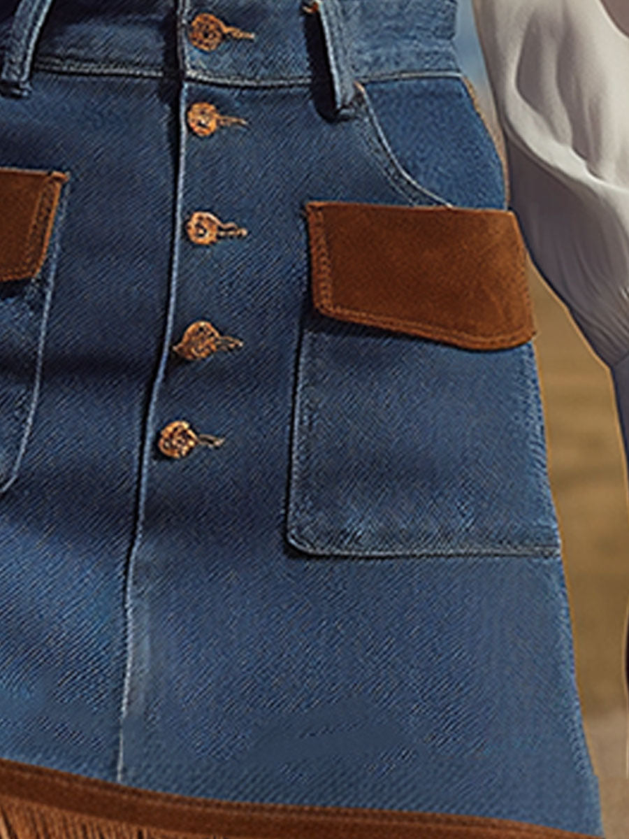 Western Retro Blue Denim Patchwork Brown Faux Suede Tassel Mini Skirt