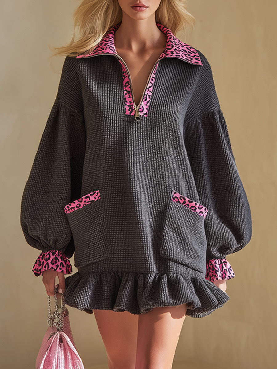 Stylish Loose-fitting Pink Leopard Print And Gray Waffle Mini Dress