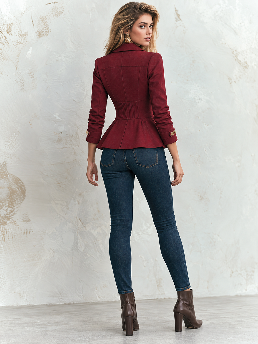 Vintage Military Burgundy Gold Button Zip Front Pintuck Waist Fitted Peplum Jacket