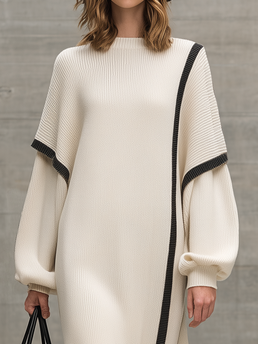 Loose-fitting Black Striped Faux Two-piece Sleeve White Knit Maxi Dress