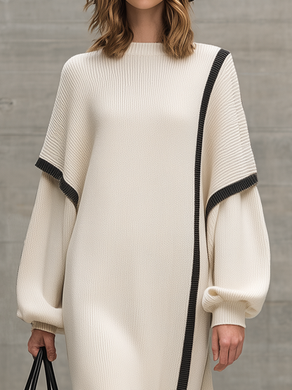 Loose-fitting Black Striped Faux Two-piece Sleeve White Knit Maxi Dress