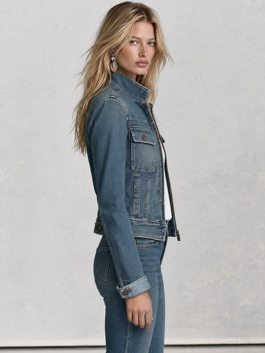 Classic Western Stand Collar Zip Up Fitted Cropped Medium Wash Denim Jacket