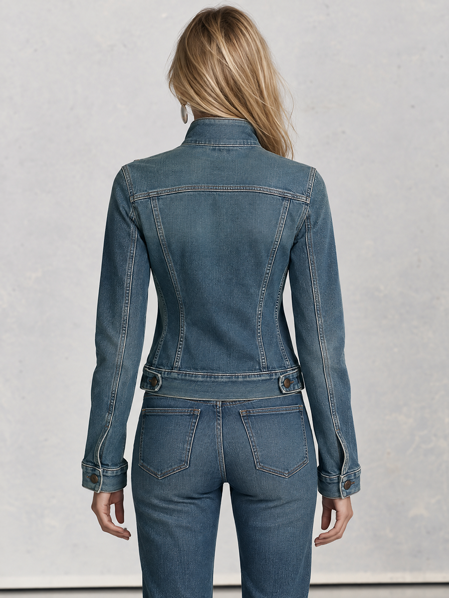 Classic Western Stand Collar Zip Up Fitted Cropped Medium Wash Denim Jacket