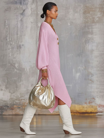 Pink V-neck Button-up Irregular Knit Long-sleeved Midi Dress