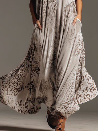 Western Retro Leopard Print Gray Velvet Hooded Maxi Dress