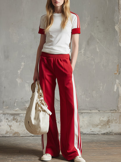 Casual Everyday Sports Striped Side Color-block T-shirt And Sweatpants Set