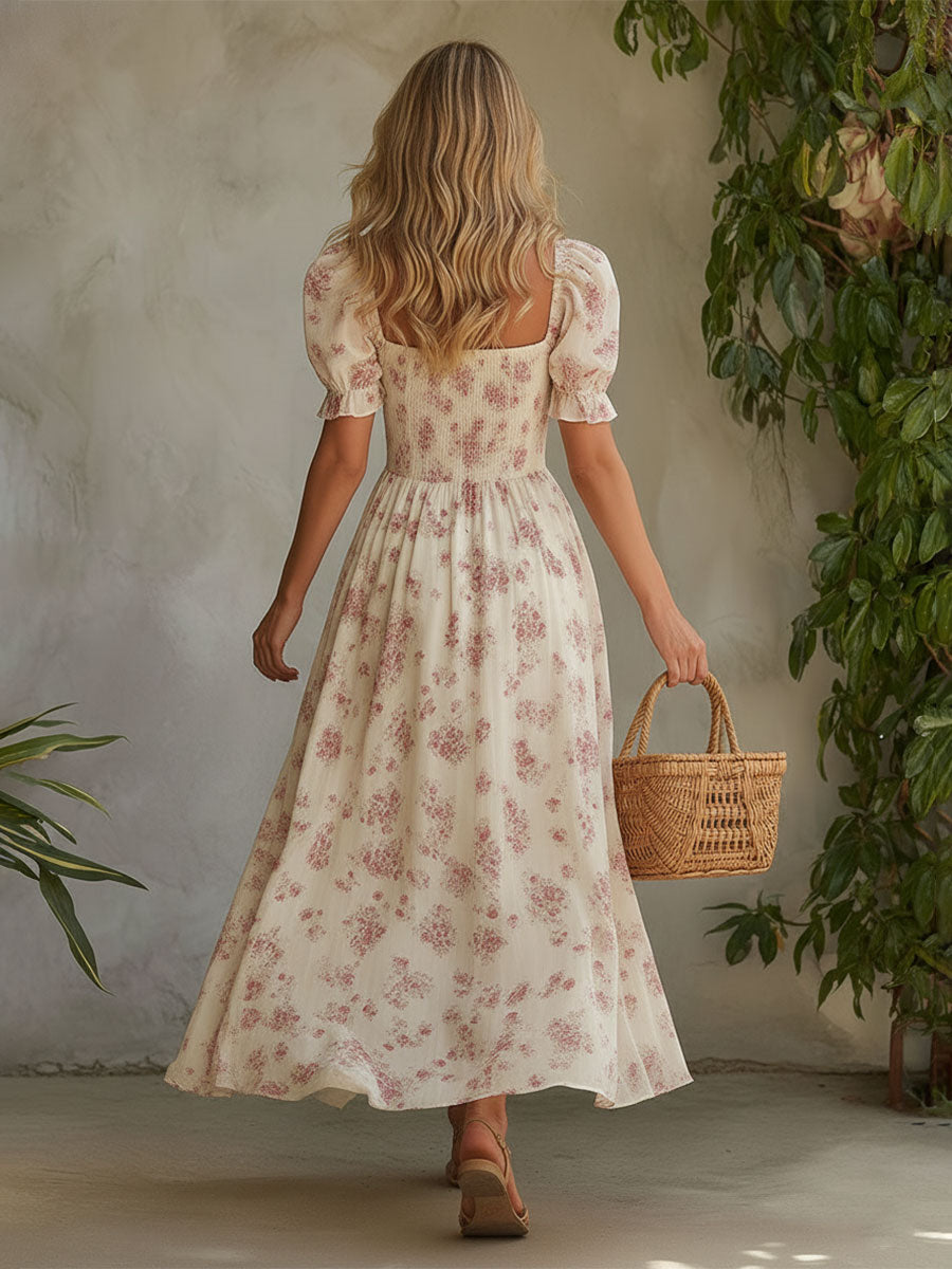 Retro Elegant Pink Floral Off-white Short-sleeved Square Neck Chiffon Maxi Dress