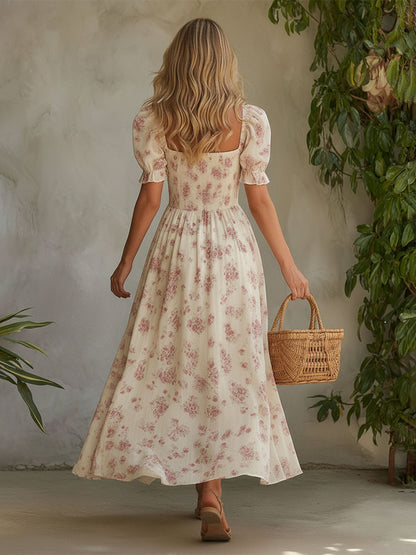 Retro Elegant Pink Floral Off-white Short-sleeved Square Neck Chiffon Maxi Dress
