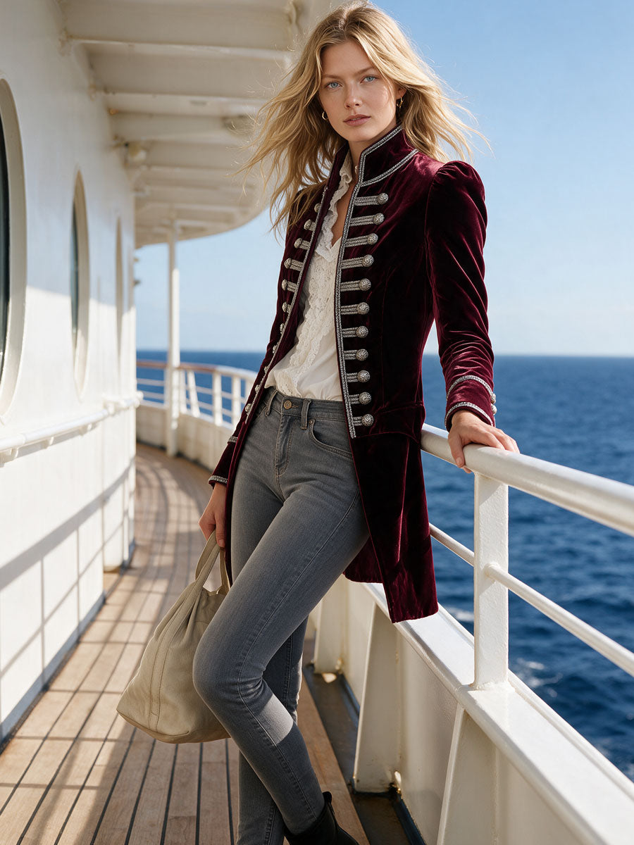 Retro Court Style Burgundy Velvet Military Coat