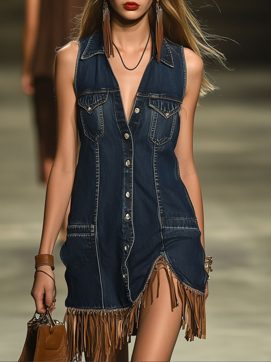 Casual Loose Vintage Sleeveless Denim Cardigan Tassel Mini Dress