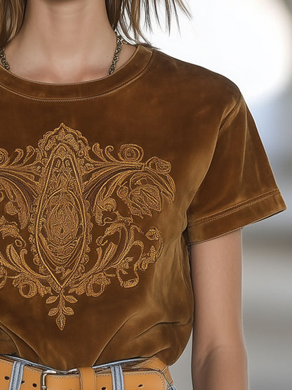 Casual Retro Brown Suede Ethnic Style Embroidery Round Neck Short Sleeve T-Shirt