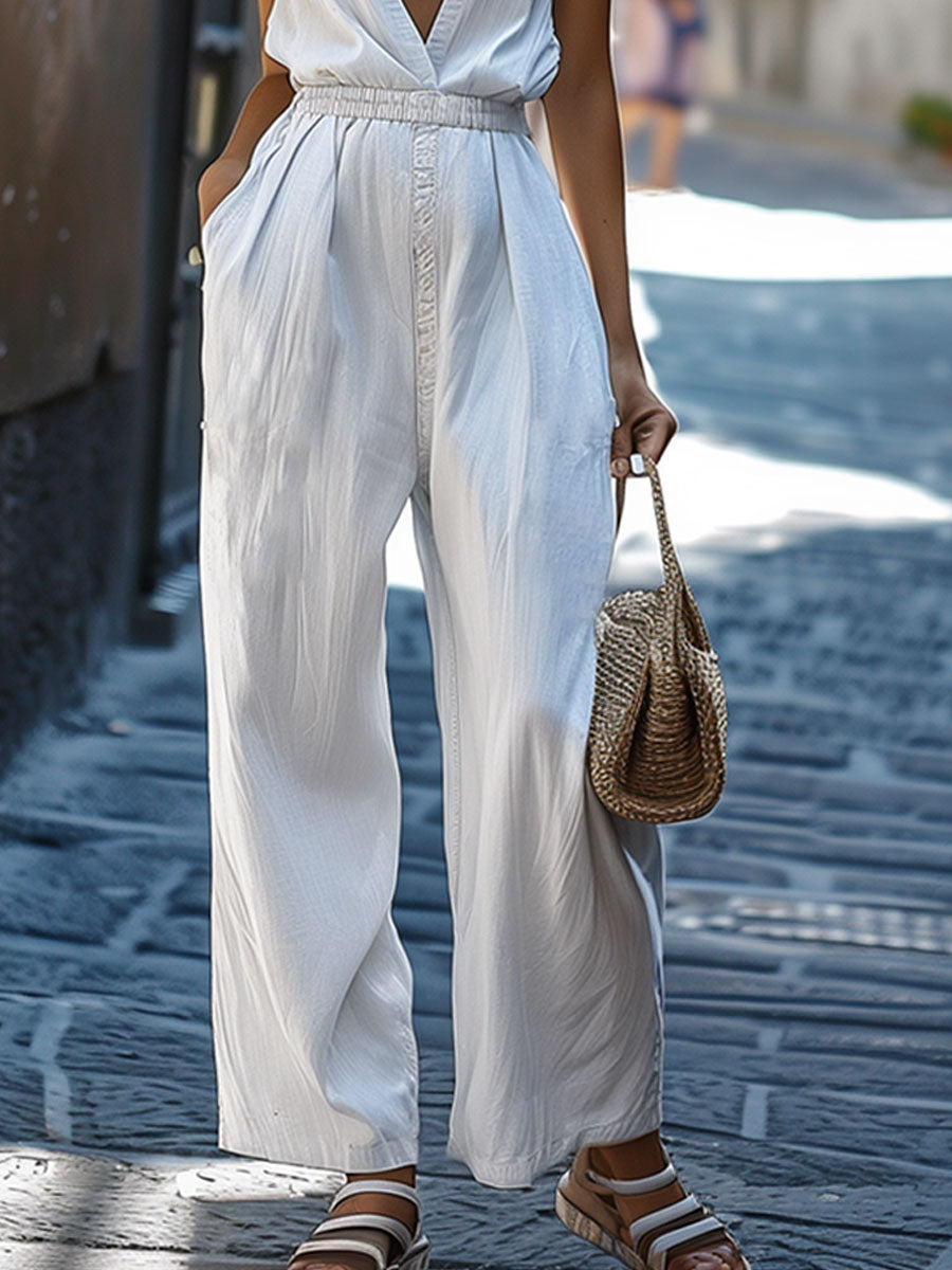 Casual Loose V-neck Sleeveless Elastic Waist Wide-leg White Denim Jumpsuit