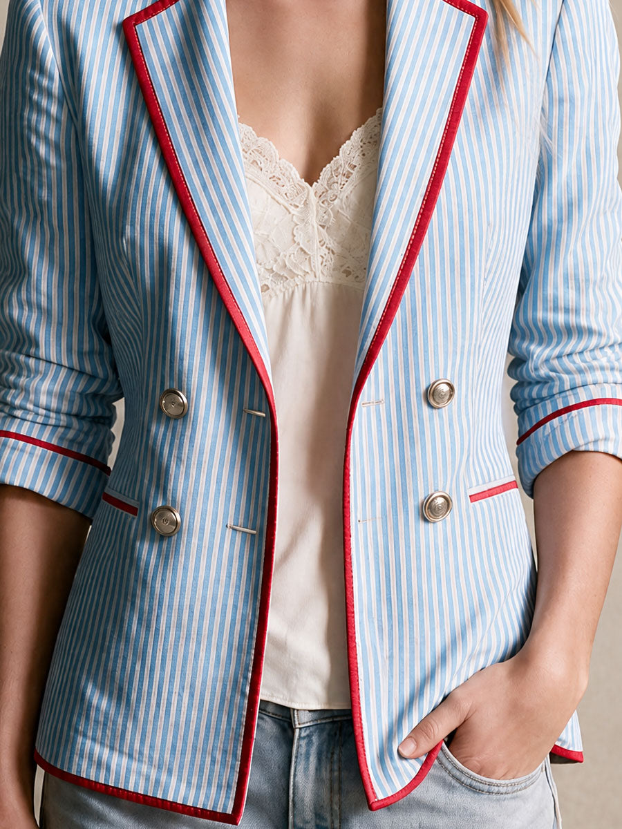 Retro-style Color-blocked Trim Blue Striped Double-breasted Cotton Blazer