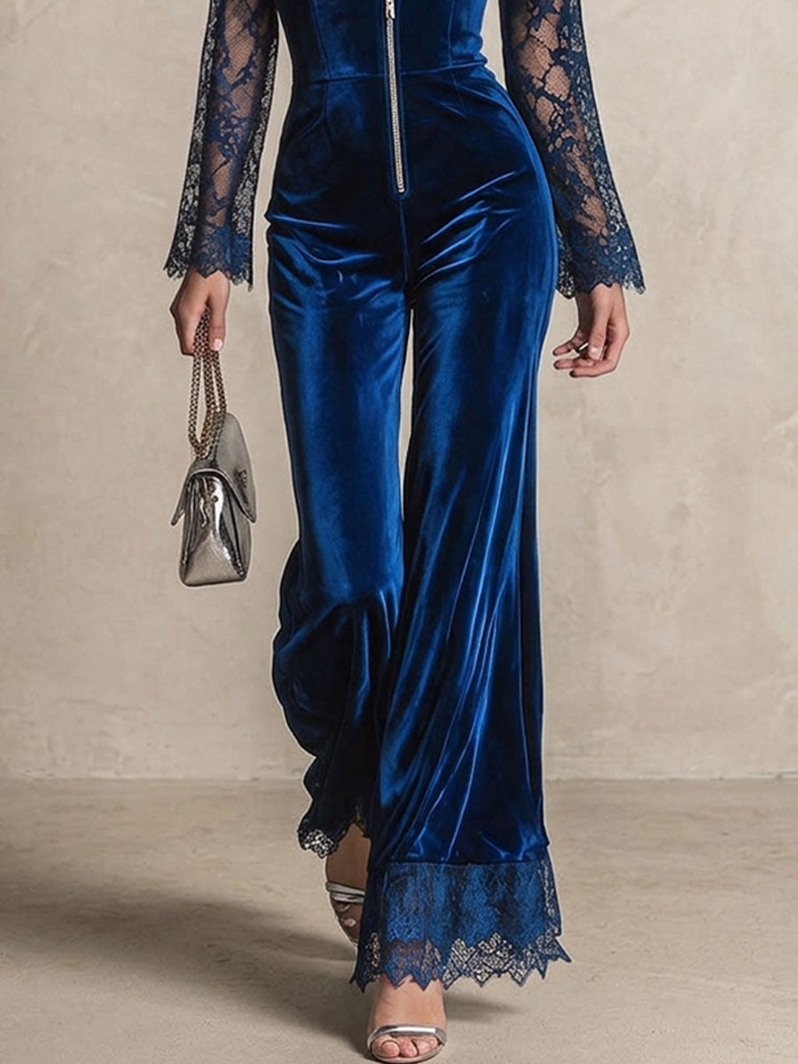 Retro Elegant Blue Lace Long-sleeved V-neck Zip-up Velvet Jumpsuit