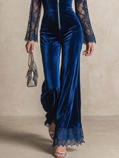 Retro Elegant Blue Lace Long-sleeved V-neck Zip-up Velvet Jumpsuit