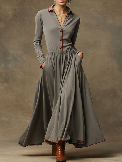 Fashionable Retro-trimmed Long-sleeved Grey Knit Cotton Pleated Maxi Dress