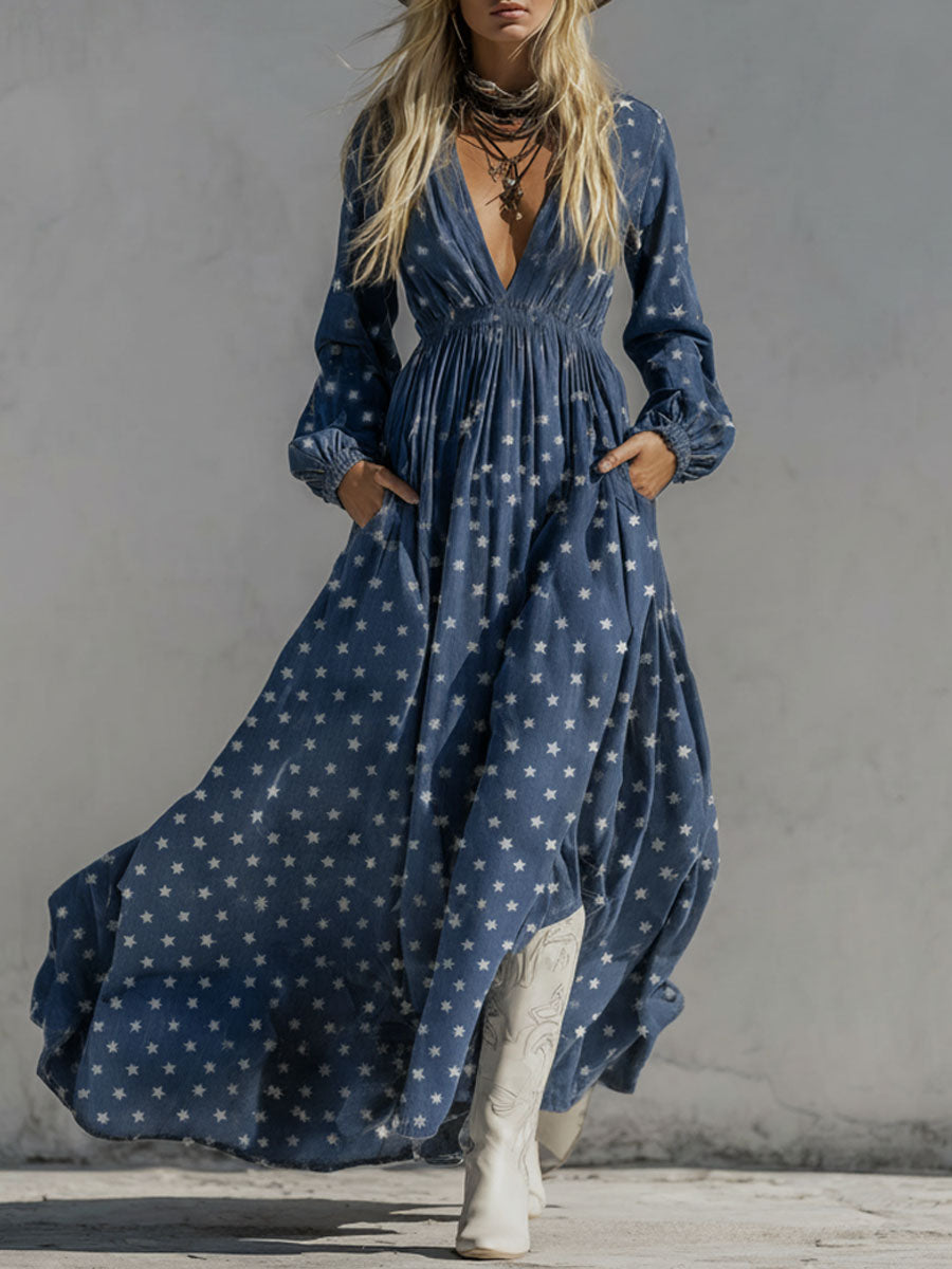 Retro V-neck Fitted Waist Star Denim Maxi Dress