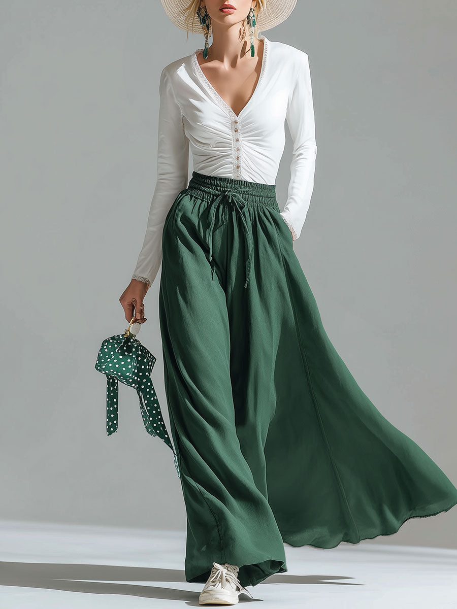 Stylish And Casual White Cotton Top And Green Chiffon Trousers Set