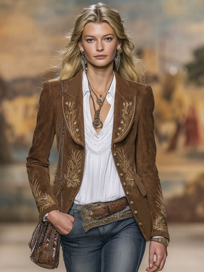Western-style Retro Embroidered Single-breasted Double-pocket Blazer