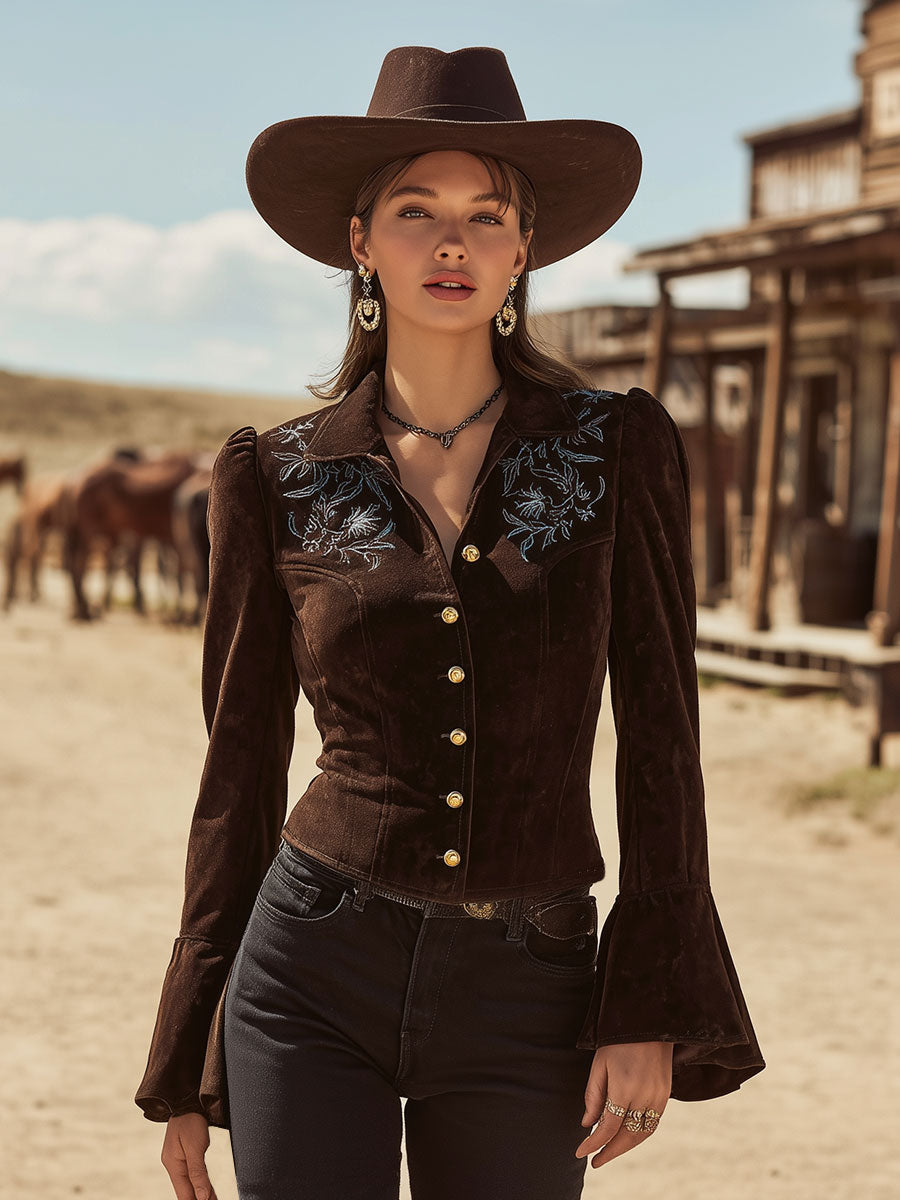 Western-style Vintage Embroidered Brown Faux Suede Jacket