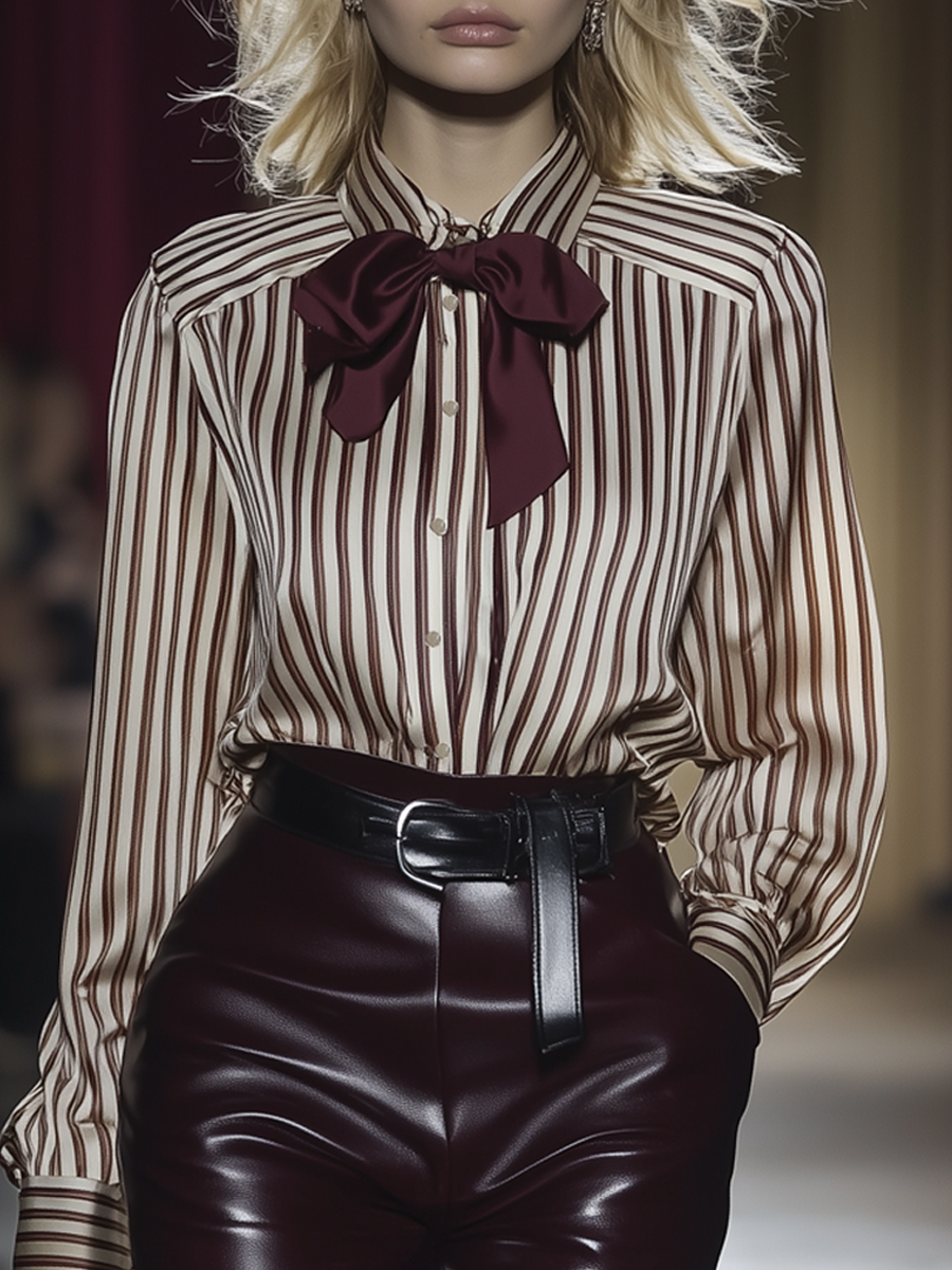 Elegant And Fashionable Bow Striped Chiffon Shirt