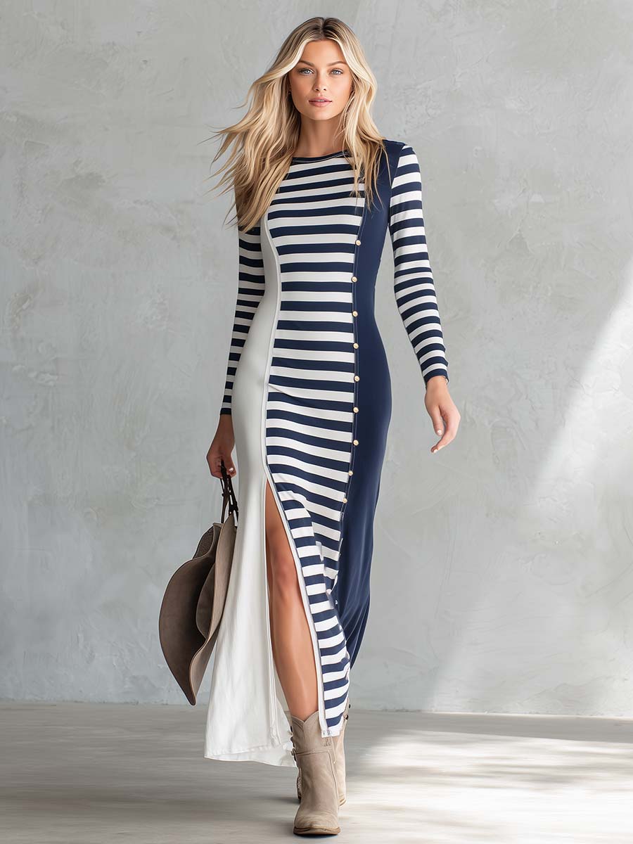 Elegant Retro Exquisite Round Neck Navy And White Contrast Striped Stretch Cotton Slit Midi Dress