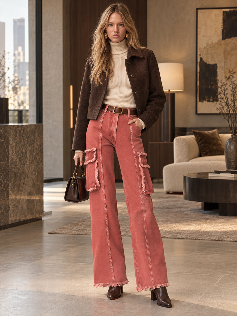 Boho Utility Rust Red Frayed Cargo Pocket High Rise Wide Leg Jeans