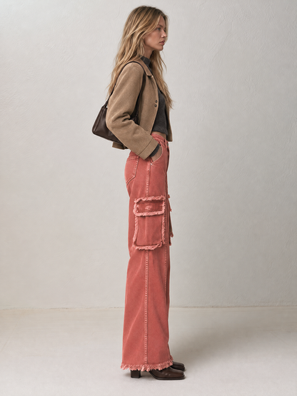 Boho Utility Rust Red Frayed Cargo Pocket High Rise Wide Leg Jeans
