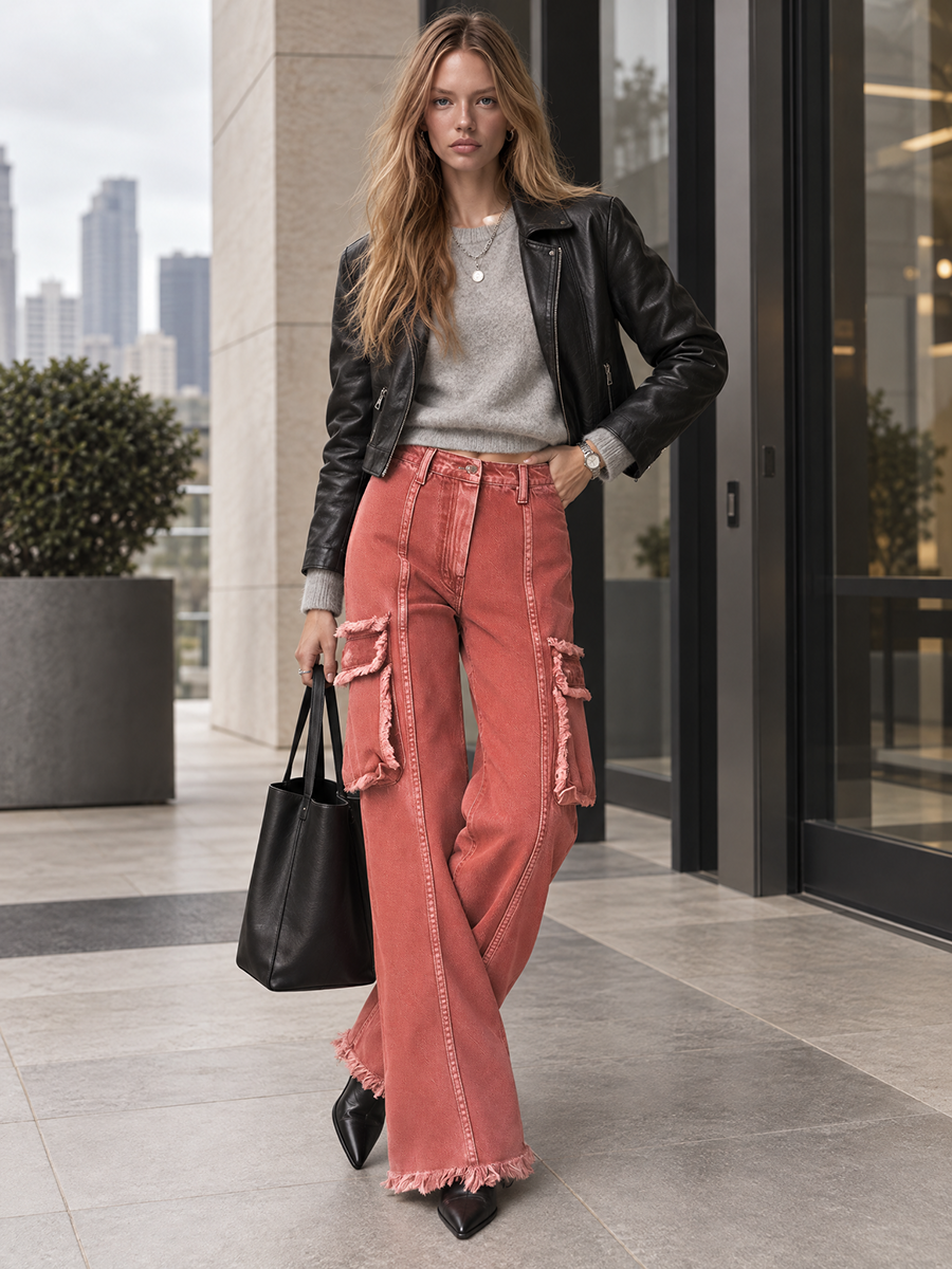 Boho Utility Rust Red Frayed Cargo Pocket High Rise Wide Leg Jeans