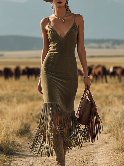 Western Retro Tassel Green Suede Midi Dress