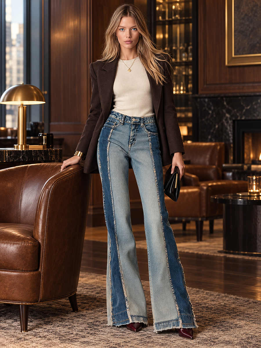 Vintage Two-Tone Patchwork Frayed Seam High Rise Wide Leg Jeans