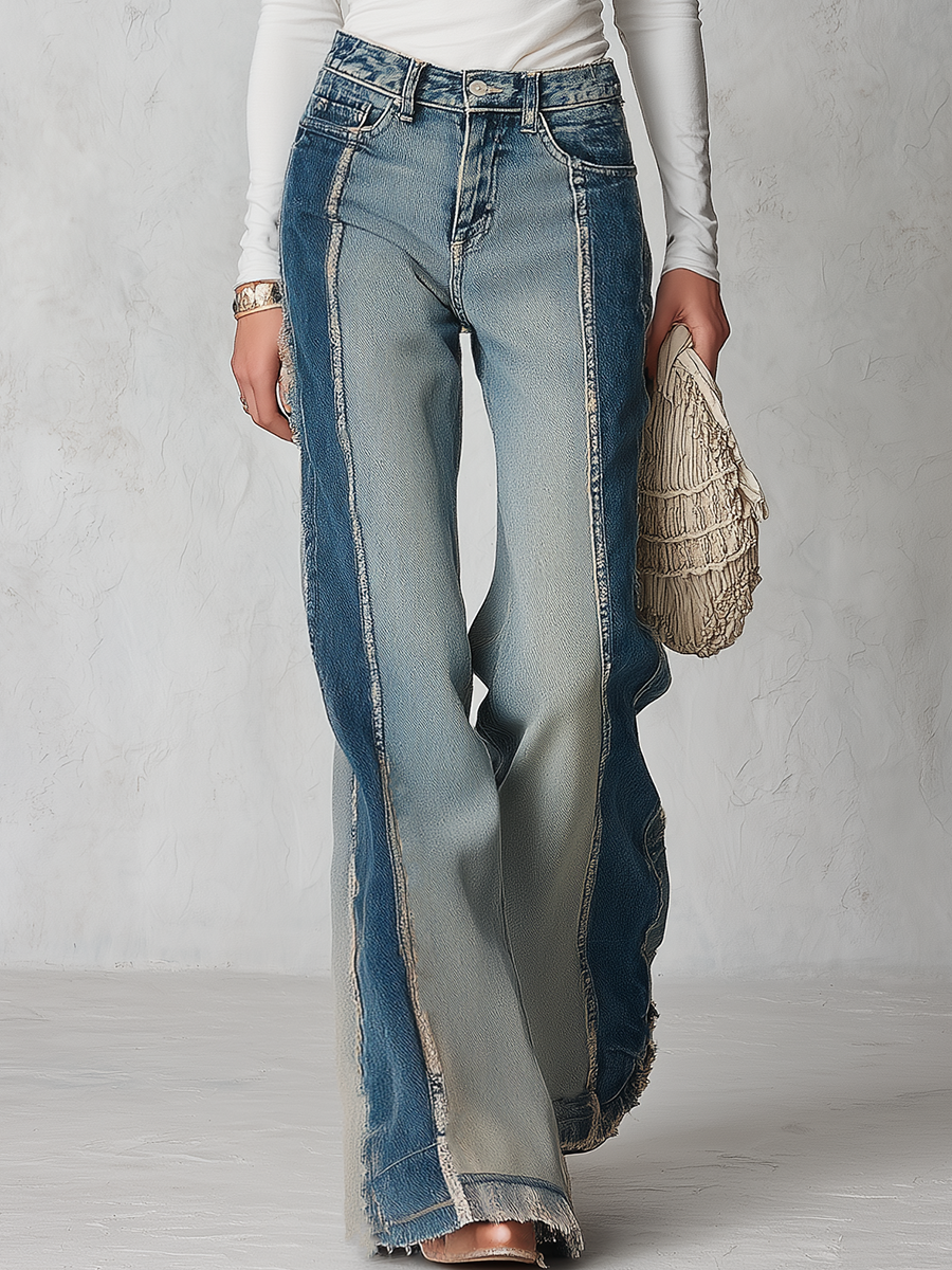 Vintage Two-Tone Patchwork Frayed Seam High Rise Wide Leg Jeans