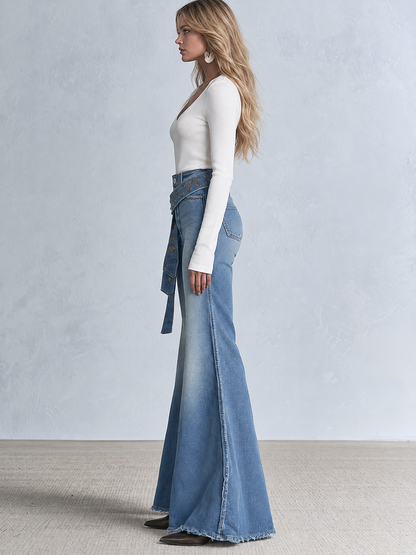 Western Chic Studded Belt Detail Light Wash High Rise Flare Jeans