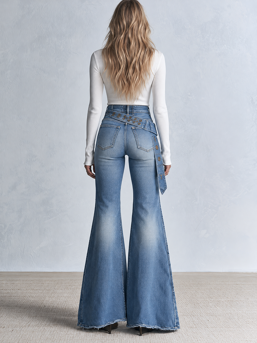 Western Chic Studded Belt Detail Light Wash High Rise Flare Jeans