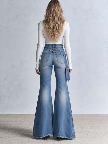 Western Chic Studded Belt Detail Light Wash High Rise Flare Jeans