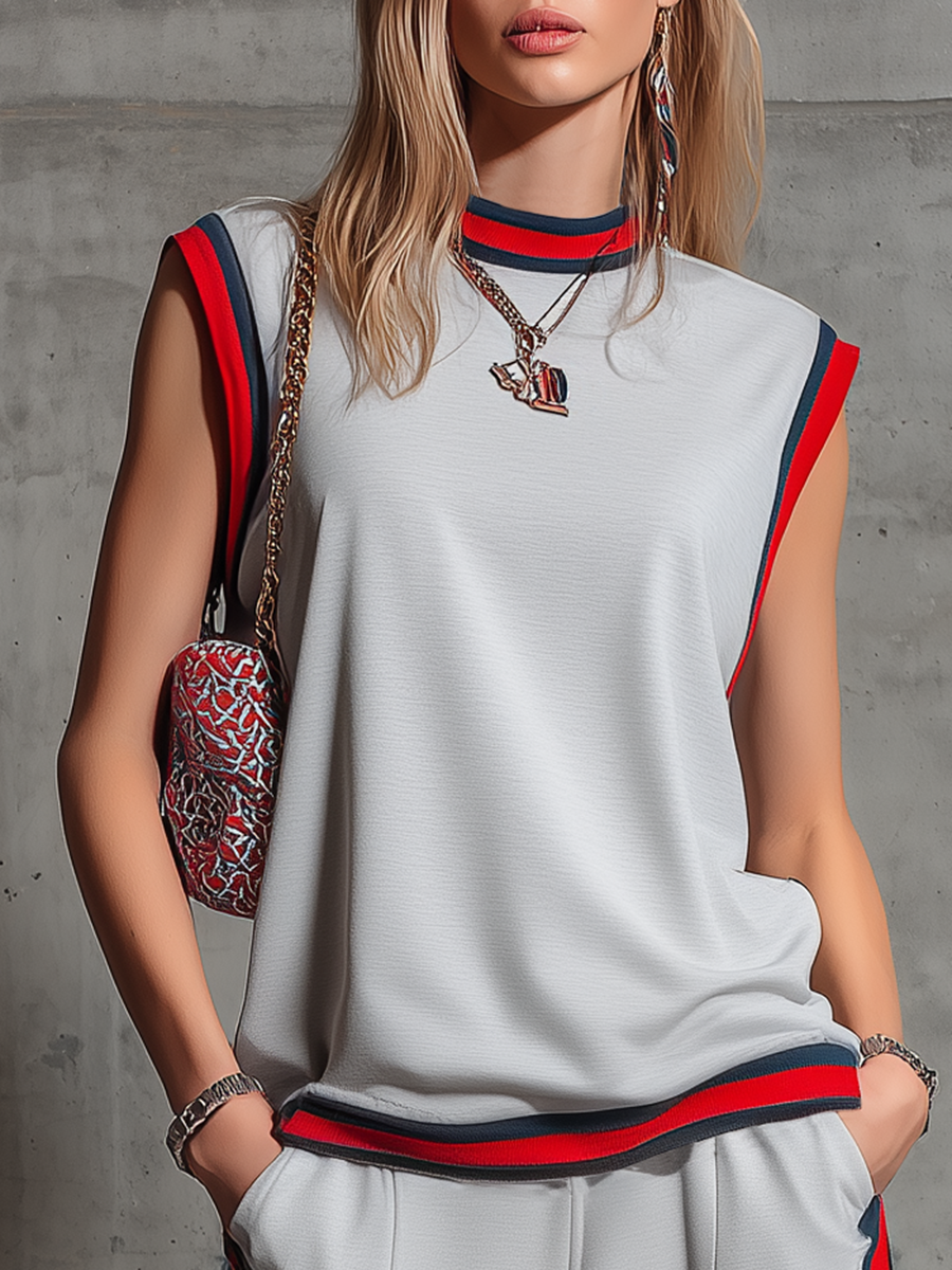 Retro Sporty Style Sleeveless T-shirt With Contrasting Trim And Wide-leg Pants Set