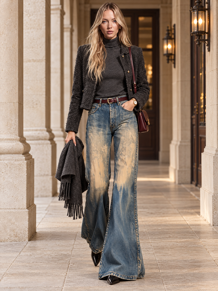 Retro Boho Mud Wash Distressed High Rise Bell Bottom Flare Jeans