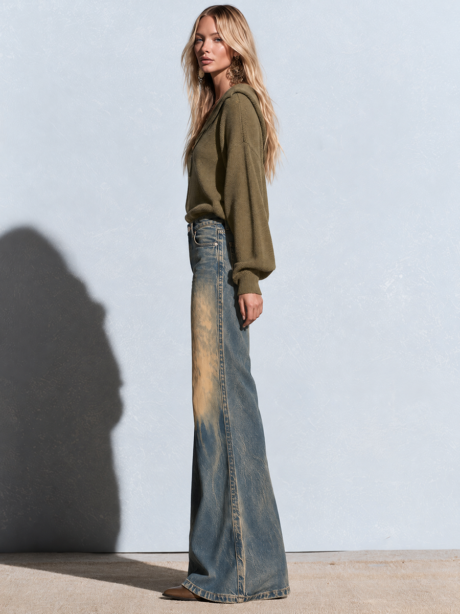 Retro Boho Mud Wash Distressed High Rise Bell Bottom Flare Jeans
