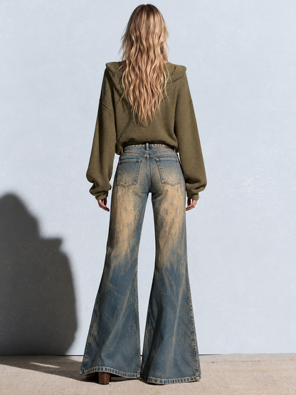 Retro Boho Mud Wash Distressed High Rise Bell Bottom Flare Jeans