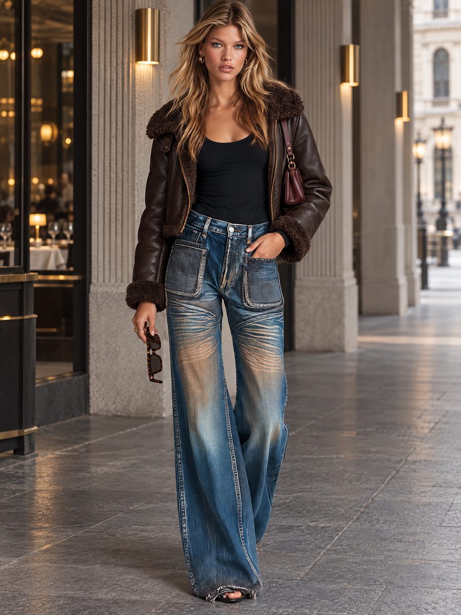 Vintage Grunge Dirty Wash Patch Pocket High Rise Wide Leg Jeans