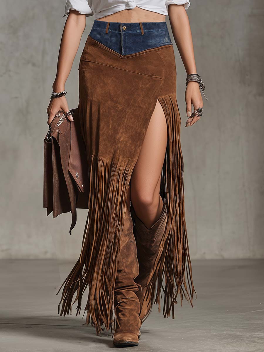 Exquisite Vintage Western Cowboy Patchwork Brown Suede Tassel Asymmetrical Slit Long Skirt