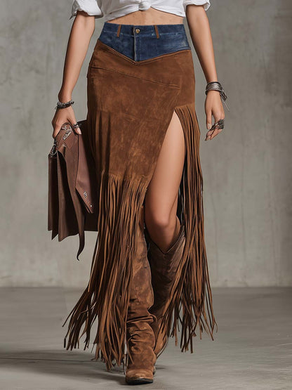 Exquisite Vintage Western Cowboy Patchwork Brown Suede Tassel Asymmetrical Slit Long Skirt