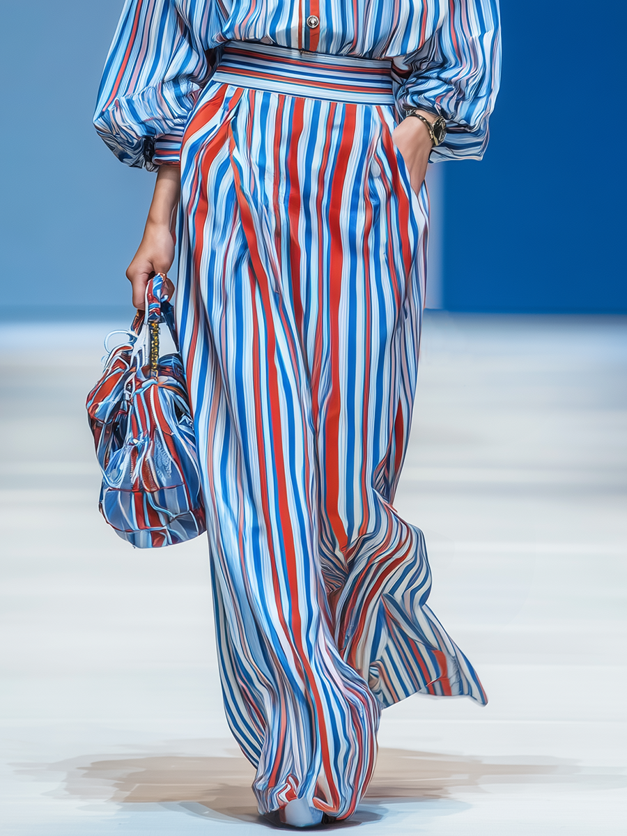 Retro Urban Colorful Striped Collared Shirt Long Dress