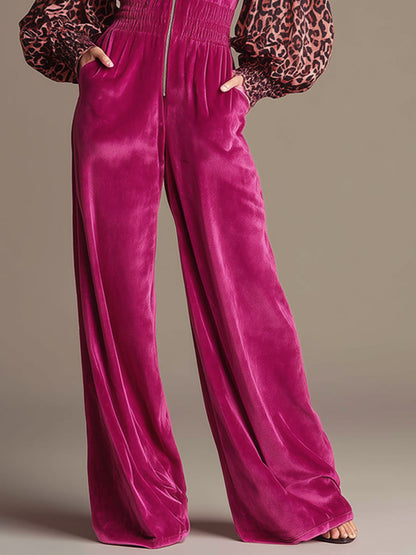 Casual Retro Long-Sleeved Chiffon Leopard Print Rose Red Velvet Wide-Leg Hooded Jumpsuit