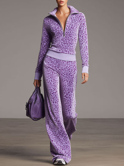 Sporty Retro Purple Leopard Print Velvet Half-Zip Sweatshirt And Wide-Leg Pants Set